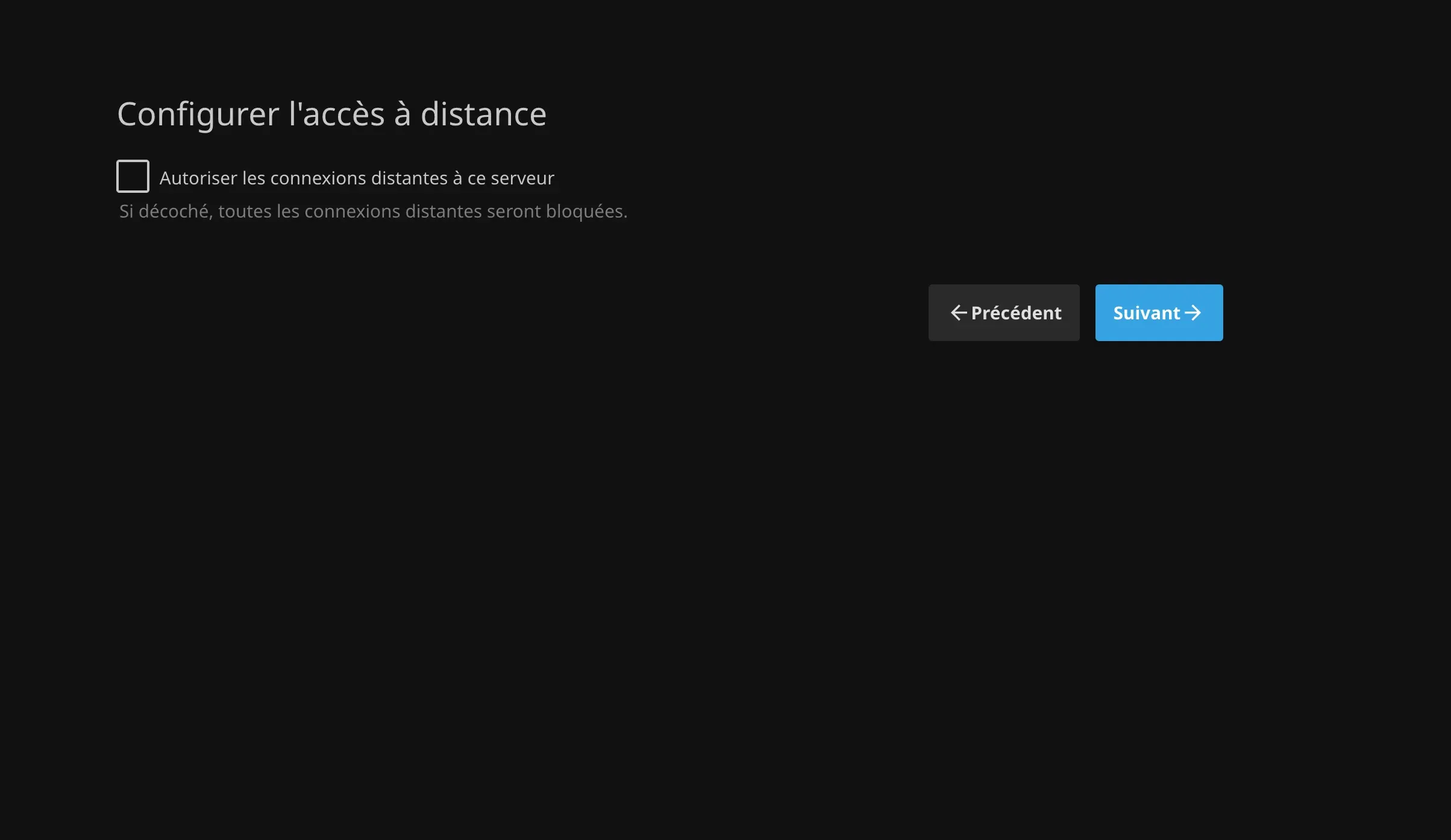 Écran Configurer l'accès à distance de Jellyfin avec la case connexions distantes